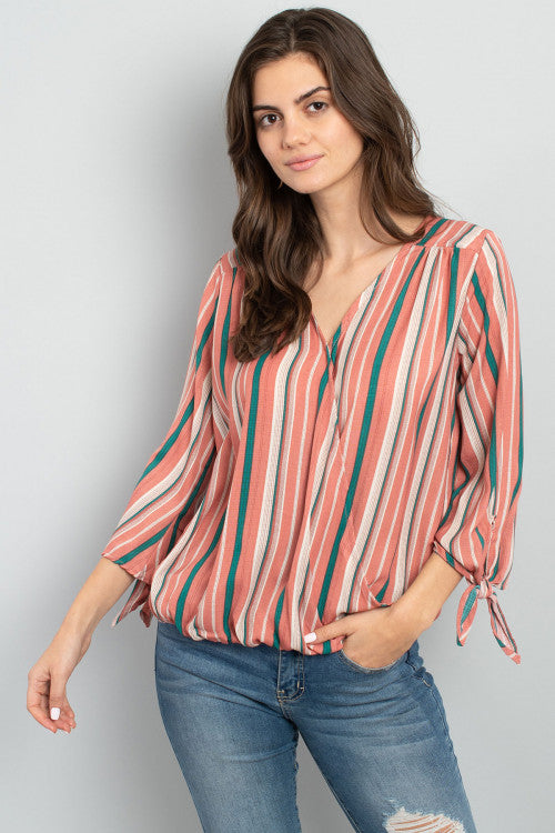 3/4 tie sleeve V-neck crossover striped top