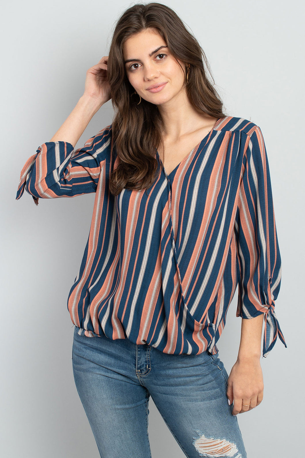 Women Blouse Stripes - Navy Salmon