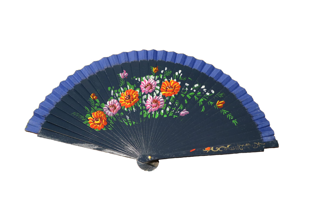 Hand Painted Wooden Fan - Navy Blue